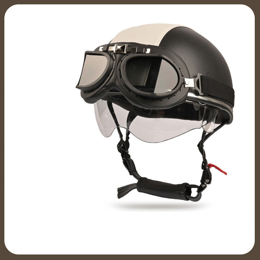 Retro two-tone cruiser motorcycle helmet with goggles-I23