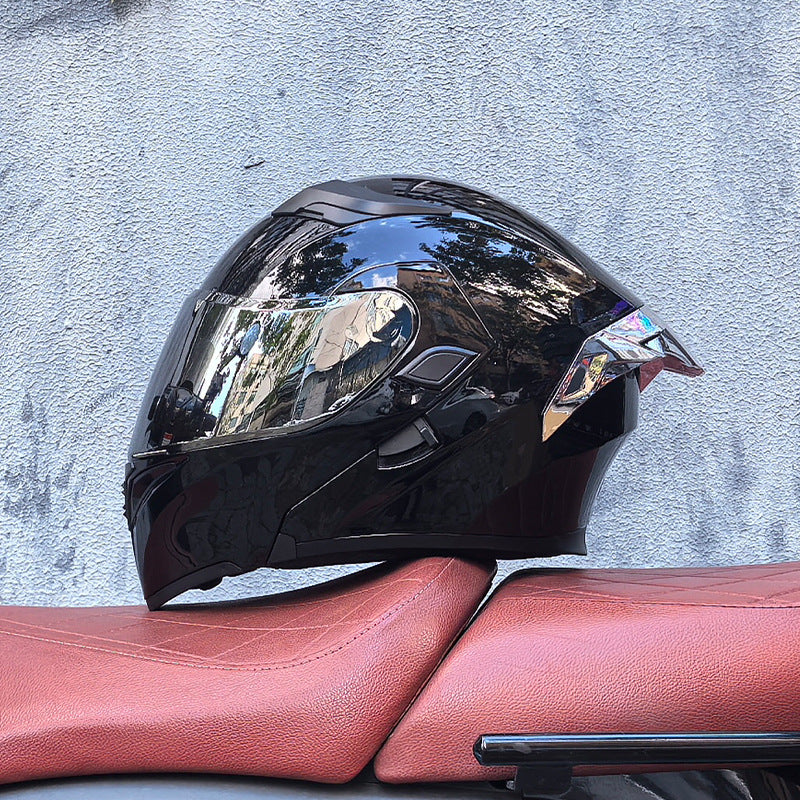 Motorcycle flip-up helmet with dual visors and silver rear spoiler-I150