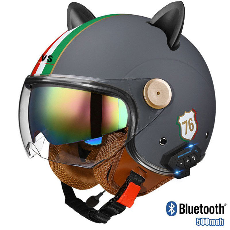 cat ear dot approved motorcycle helmet Cat-Ear Open-Face Motorcycle Helmet with Bluetooth Function-I67