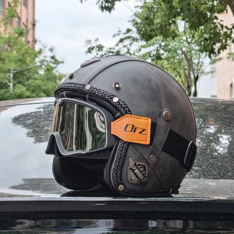 Matte Leather Retro Motorcycle Half Helmet-I19