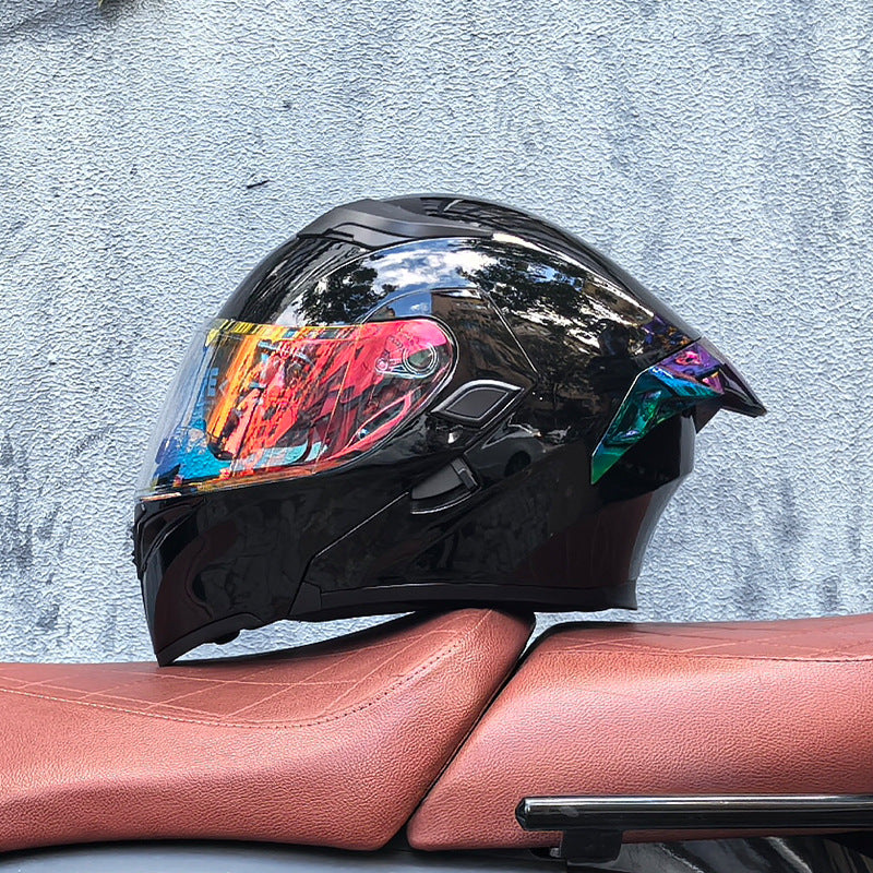 Modular motorcycle helmet with dual visors and a colorful rear spoiler-I151