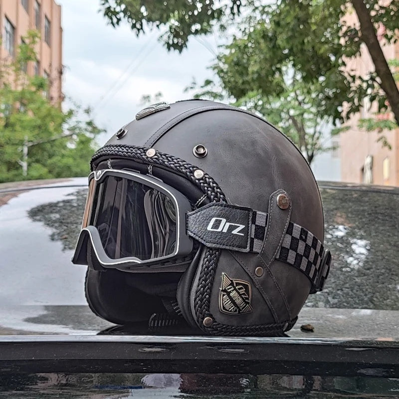 Matte Leather Retro Motorcycle Half Helmet-I19