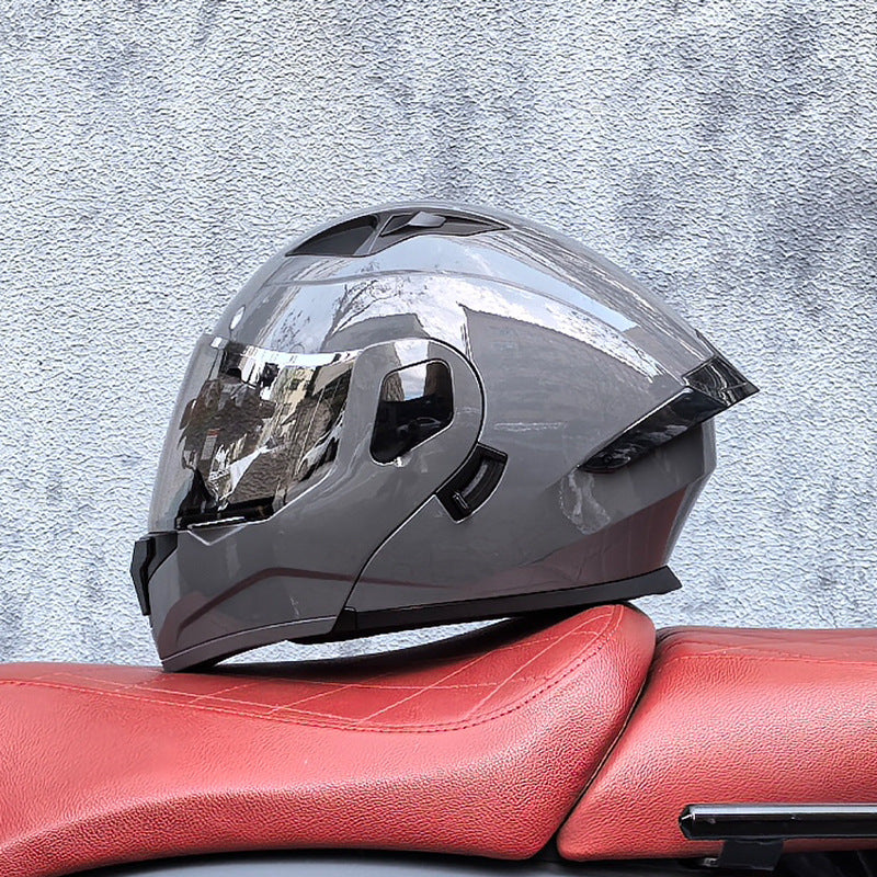 Flip-up motorcycle helmet with aurora-style finish and dual visor-I186