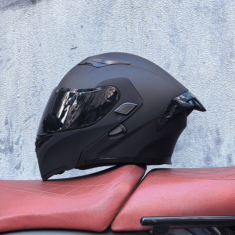 Flip-up motorcycle helmet with dual visors and a tinted rear spoiler-I149