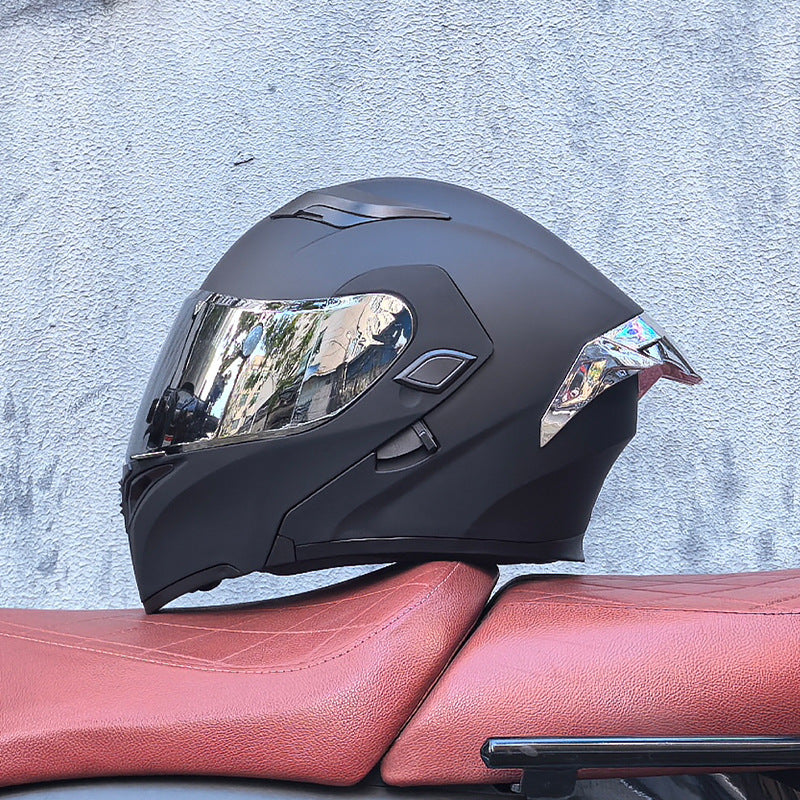 Motorcycle flip-up helmet with dual visors and silver rear spoiler-I150