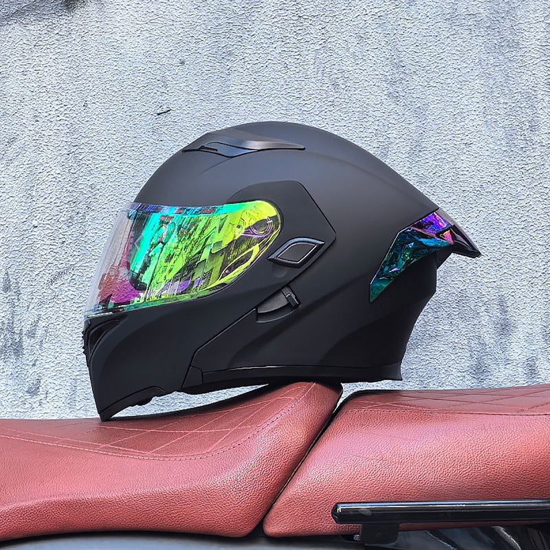Modular motorcycle helmet with dual visors and a colorful rear spoiler-I151