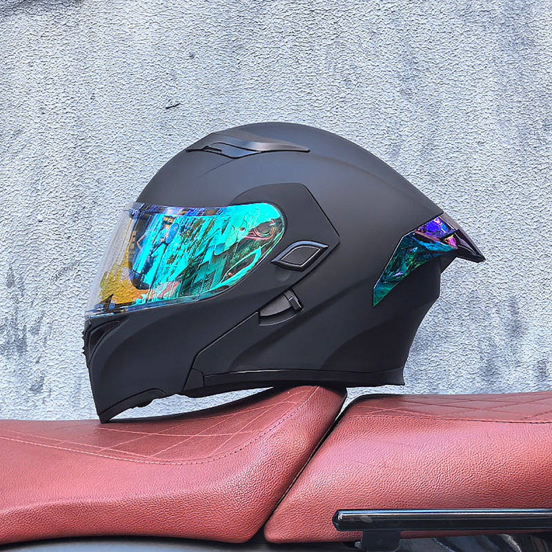 Modular motorcycle helmet with dual visors and a colorful rear spoiler-I151