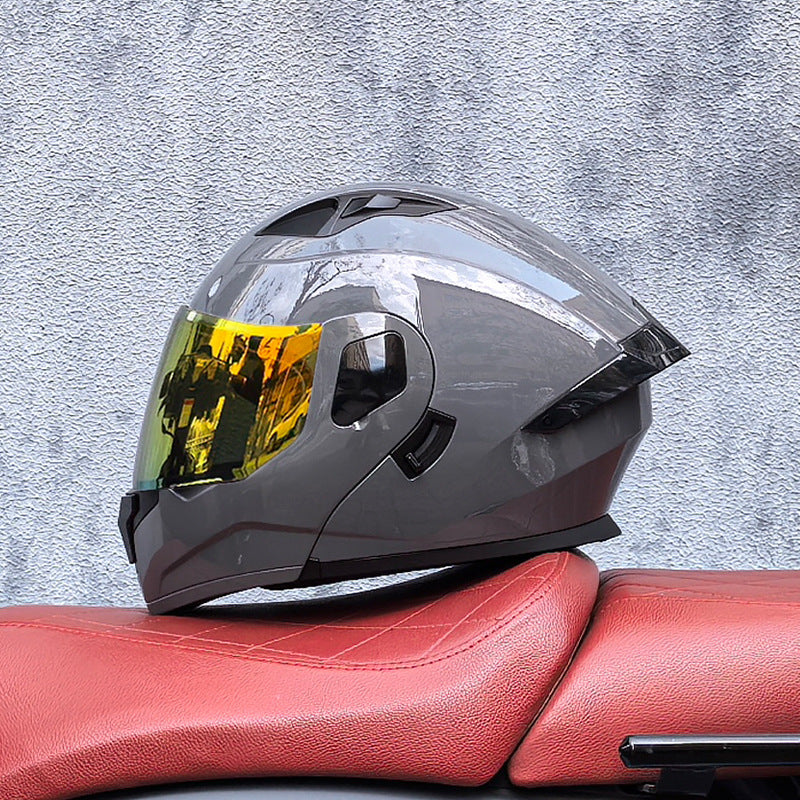 Flip-up motorcycle helmet with aurora-style finish and dual visor-I186