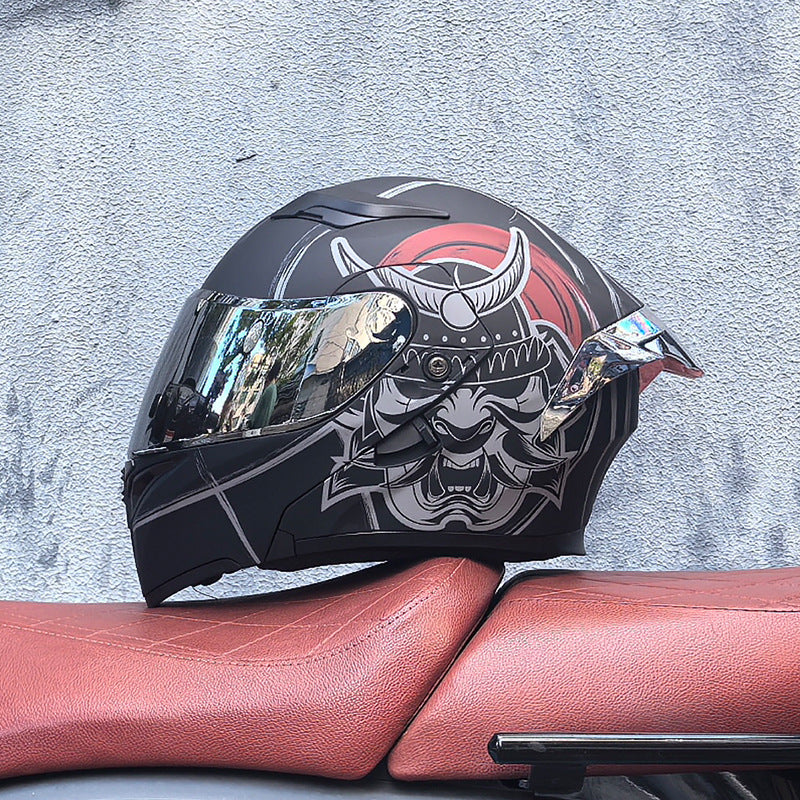 Motorcycle flip-up helmet with dual visors and silver rear spoiler-I150