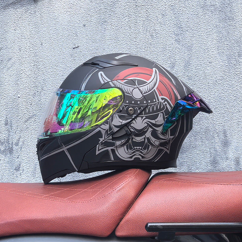 Modular motorcycle helmet with dual visors and a colorful rear spoiler-I151