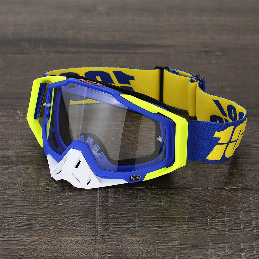 Motorcycle goggles in a yellow and blue color scheme-H08