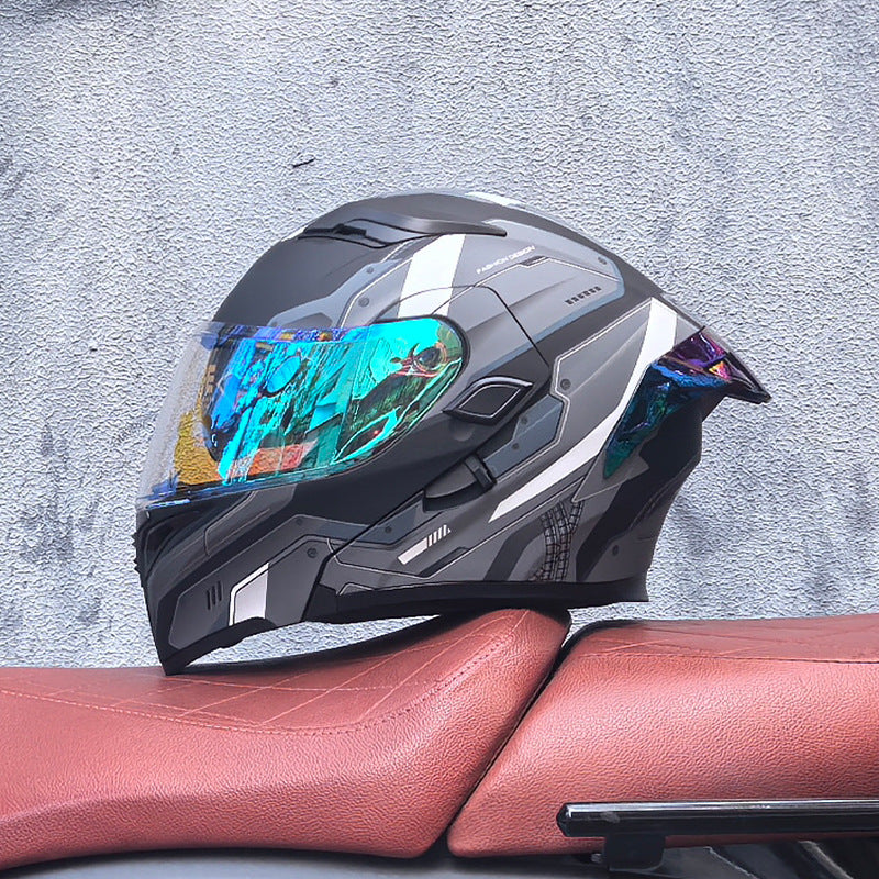 Modular motorcycle helmet with dual visors and a colorful rear spoiler-I151