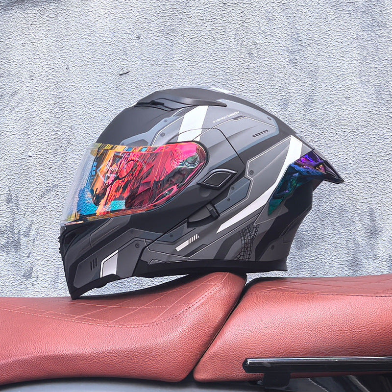 Modular motorcycle helmet with dual visors and a colorful rear spoiler-I151