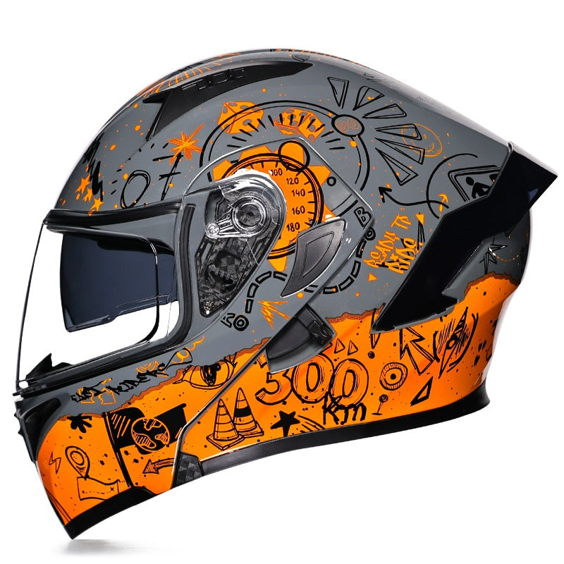Vibrant Graffiti Dual-Visor Modular Motorcycle Helmet with Rear Spoiler-I154