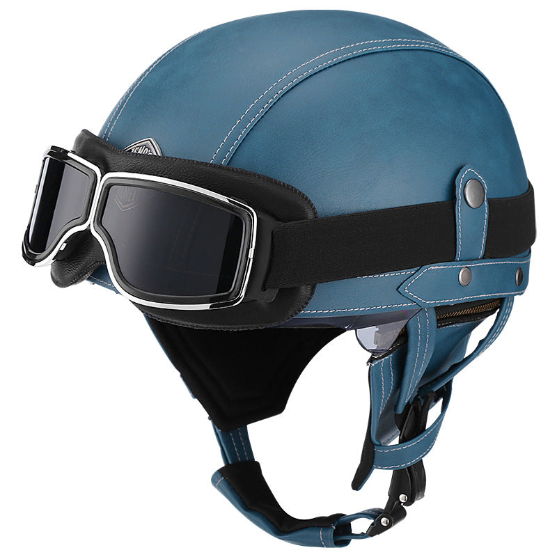 DOT Vintage Leather Motorcycle Helmet with Goggles- I06