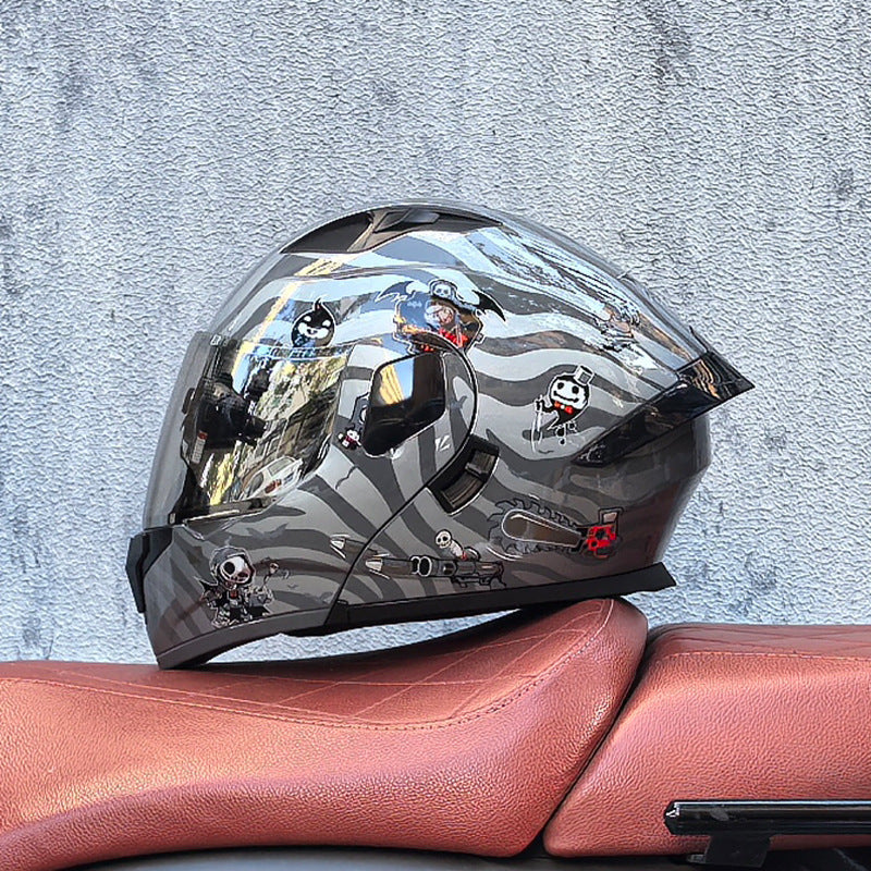 Flip-up motorcycle helmet with aurora-style finish and dual visor-I186