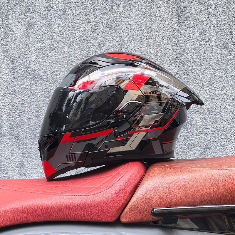 Flip-up motorcycle helmet with dual visors and a tinted rear spoiler-I149