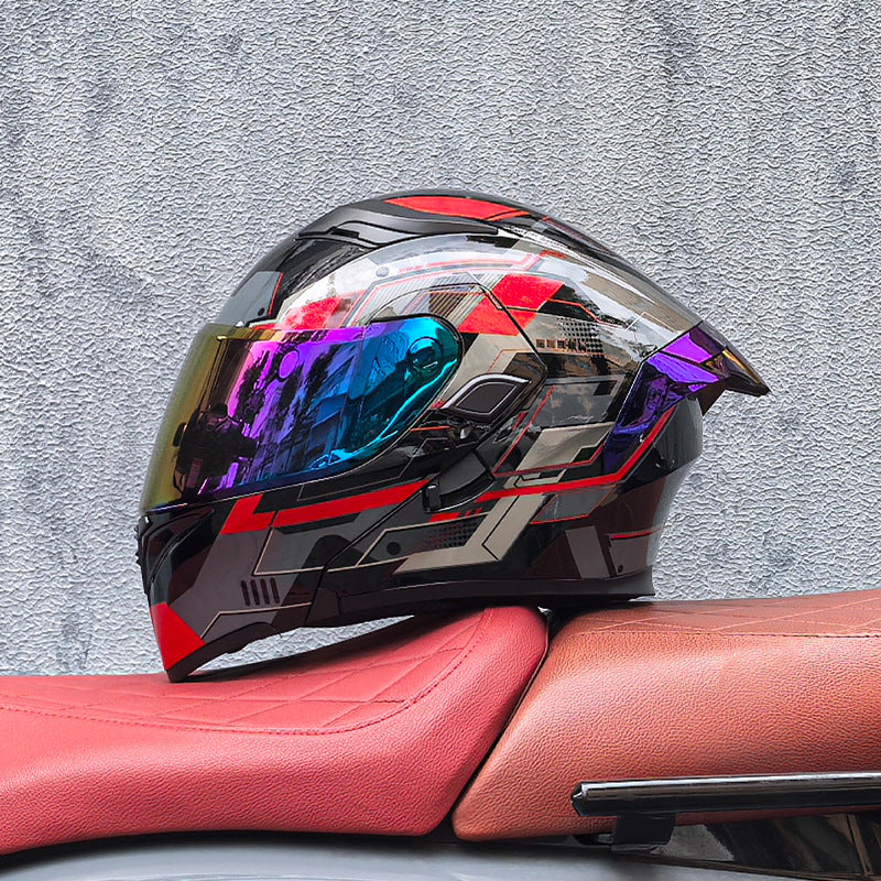 Modular motorcycle helmet with dual visors and a colorful rear spoiler-I151