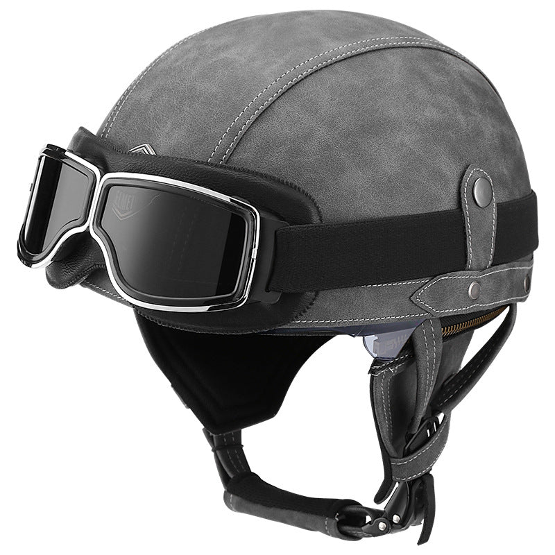 DOT Vintage Leather Motorcycle Helmet with Goggles- I06