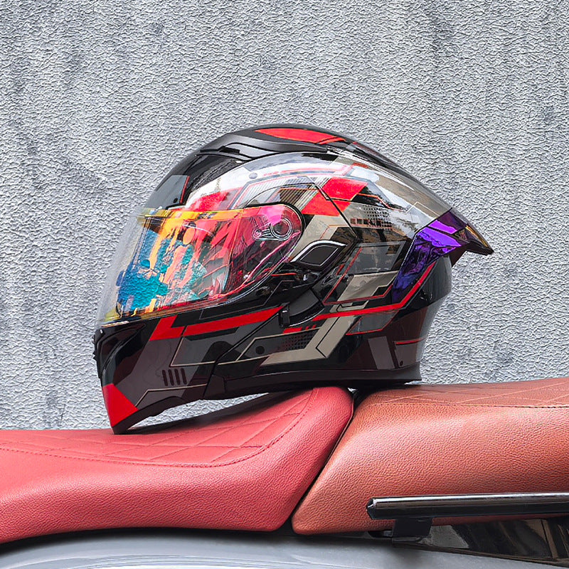 Modular motorcycle helmet with dual visors and a colorful rear spoiler-I151