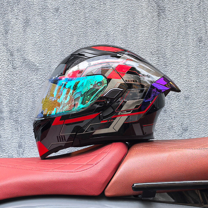 Modular motorcycle helmet with dual visors and a colorful rear spoiler-I151