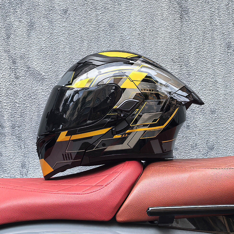 Flip-up motorcycle helmet with dual visors and a tinted rear spoiler-I149