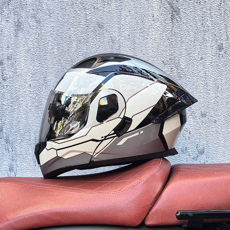 Flip-up motorcycle helmet with aurora-style finish and dual visor-I186