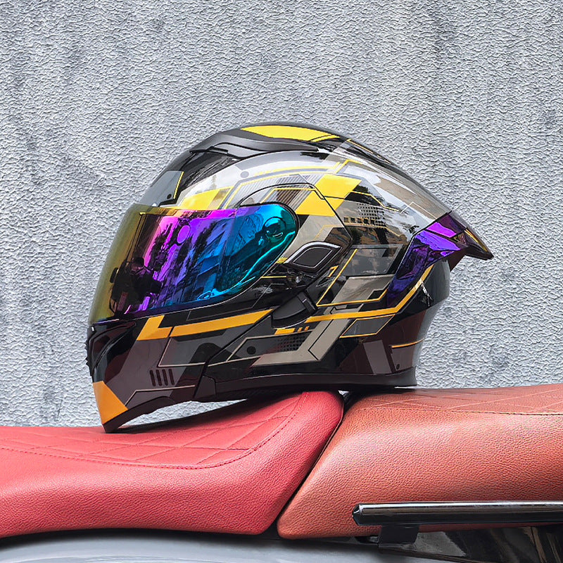 Modular motorcycle helmet with dual visors and a colorful rear spoiler-I151