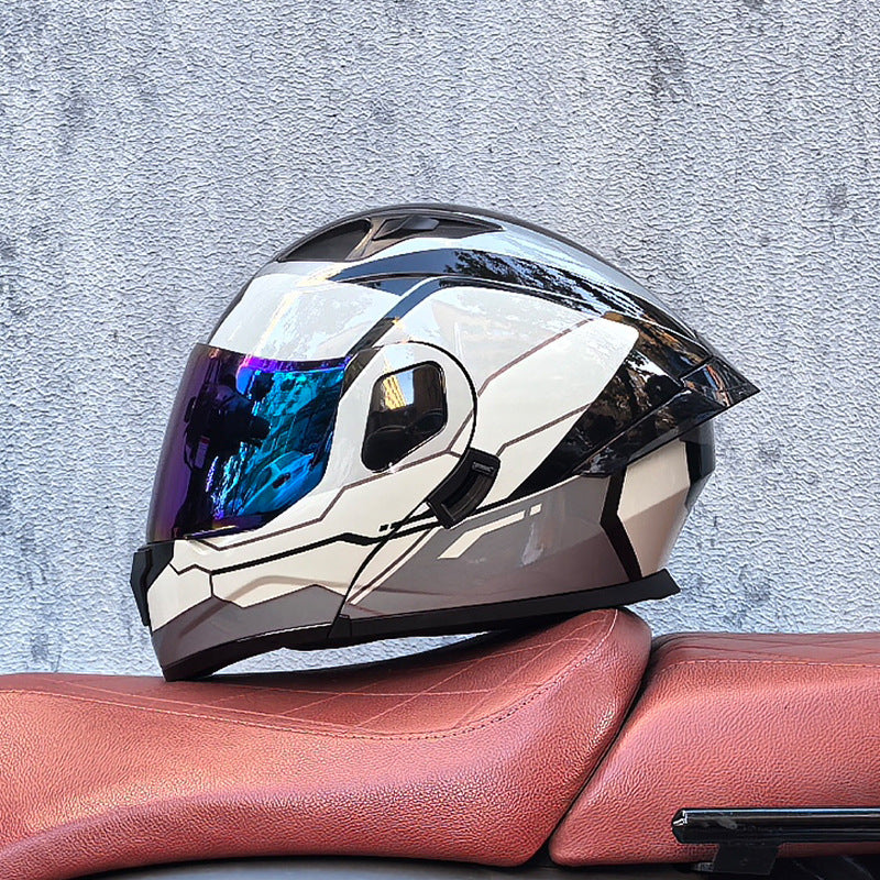 Flip-up motorcycle helmet with dual visors and iridescent coating-I183