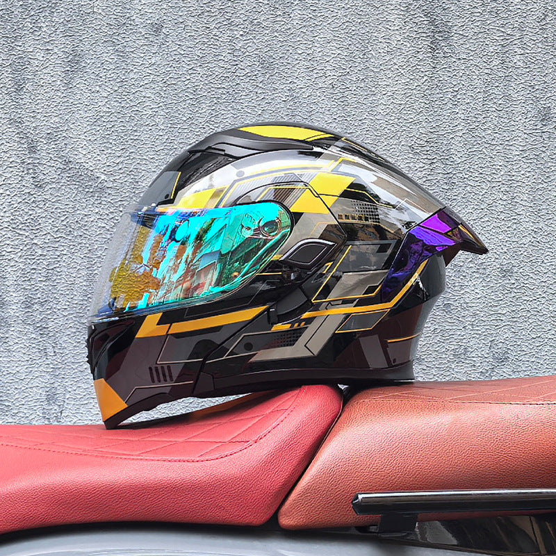 Modular motorcycle helmet with dual visors and a colorful rear spoiler-I151