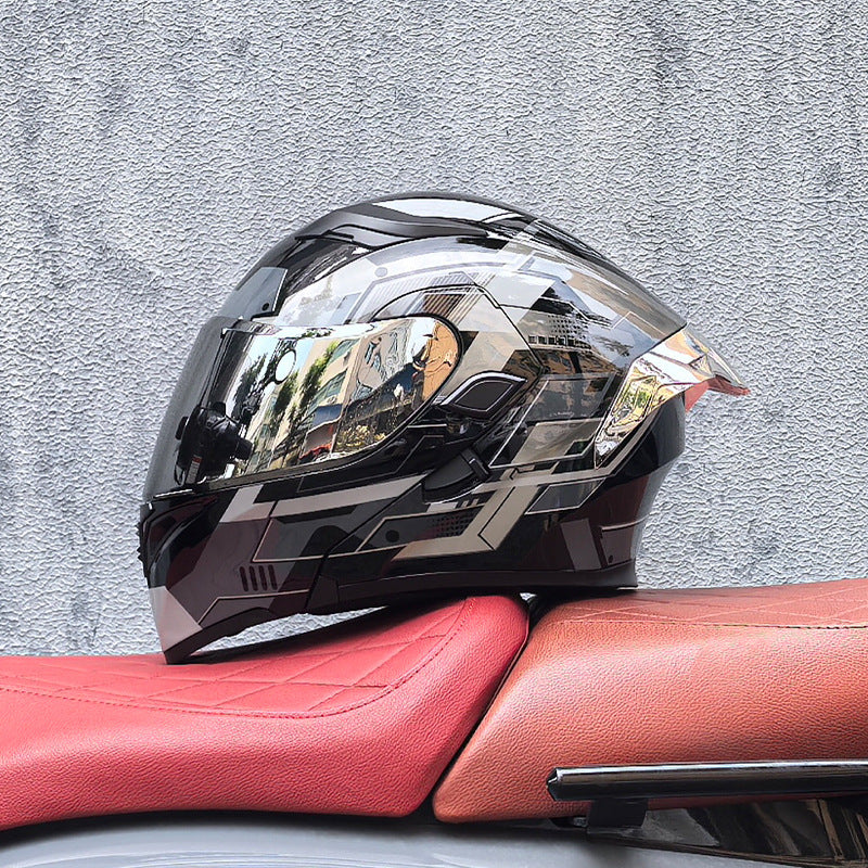Motorcycle flip-up helmet with dual visors and silver rear spoiler-I150