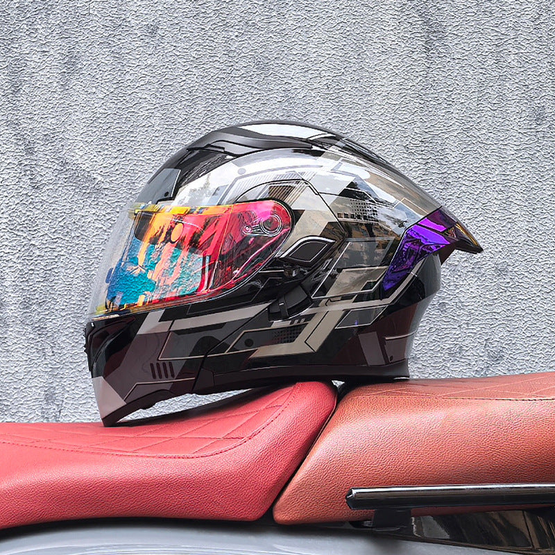 Modular motorcycle helmet with dual visors and a colorful rear spoiler-I151