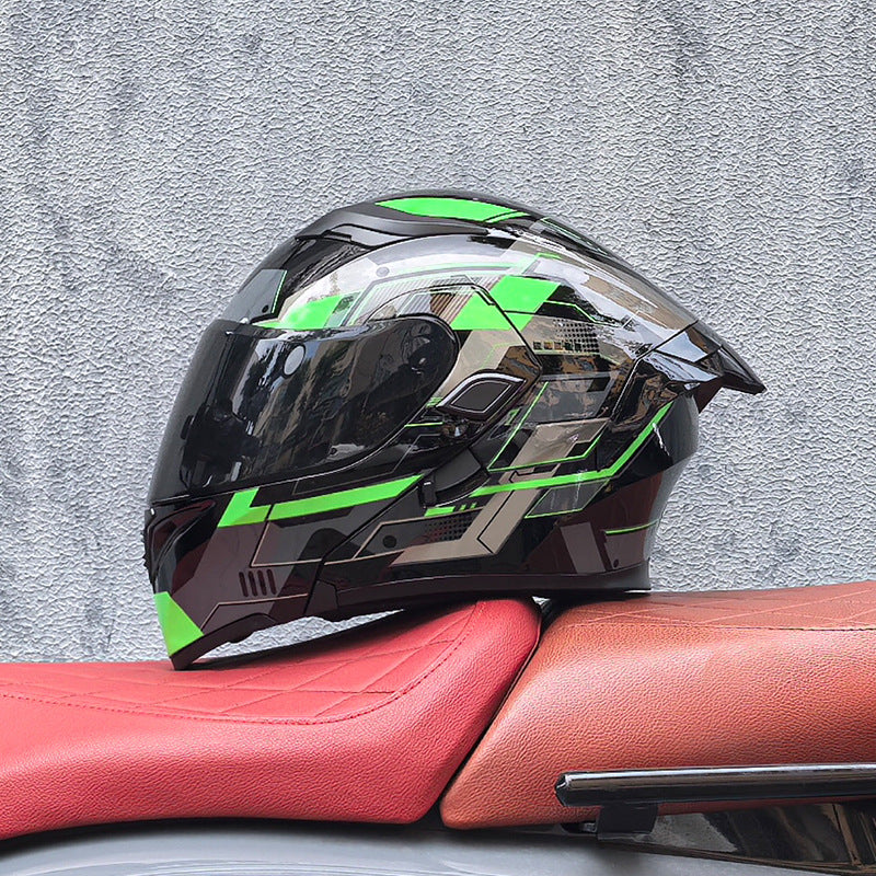 Flip-up motorcycle helmet with dual visors and a tinted rear spoiler-I149