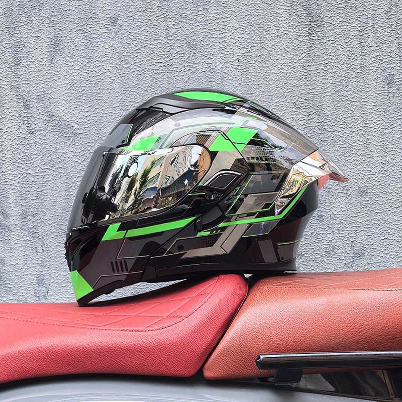 Motorcycle flip-up helmet with dual visors and silver rear spoiler-I150
