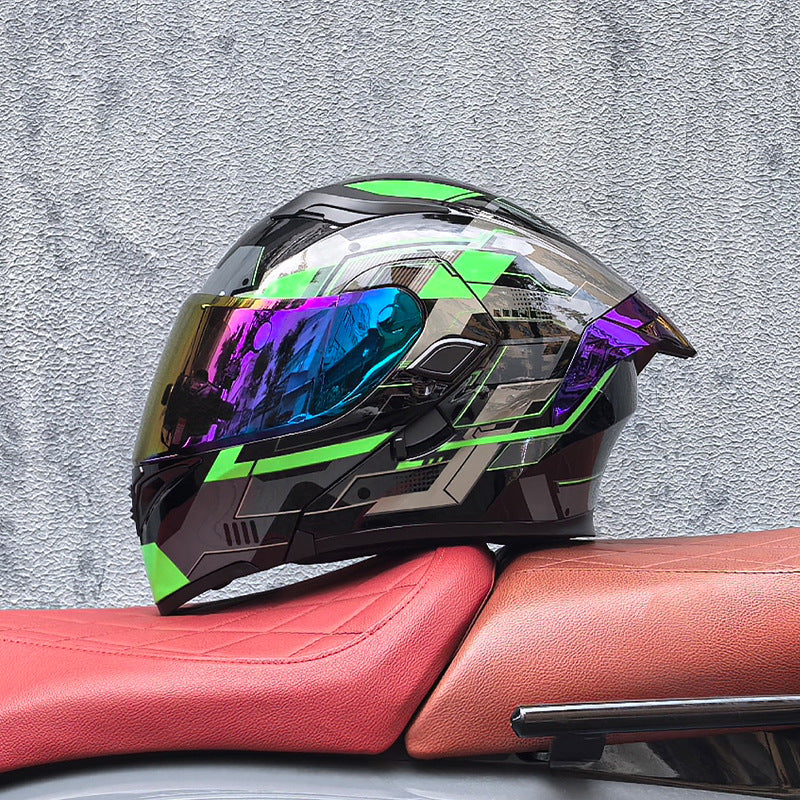 Modular motorcycle helmet with dual visors and a colorful rear spoiler-I151