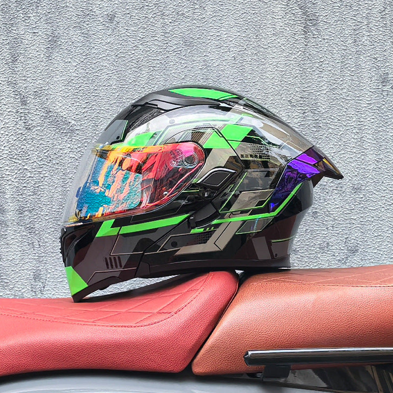Modular motorcycle helmet with dual visors and a colorful rear spoiler-I151