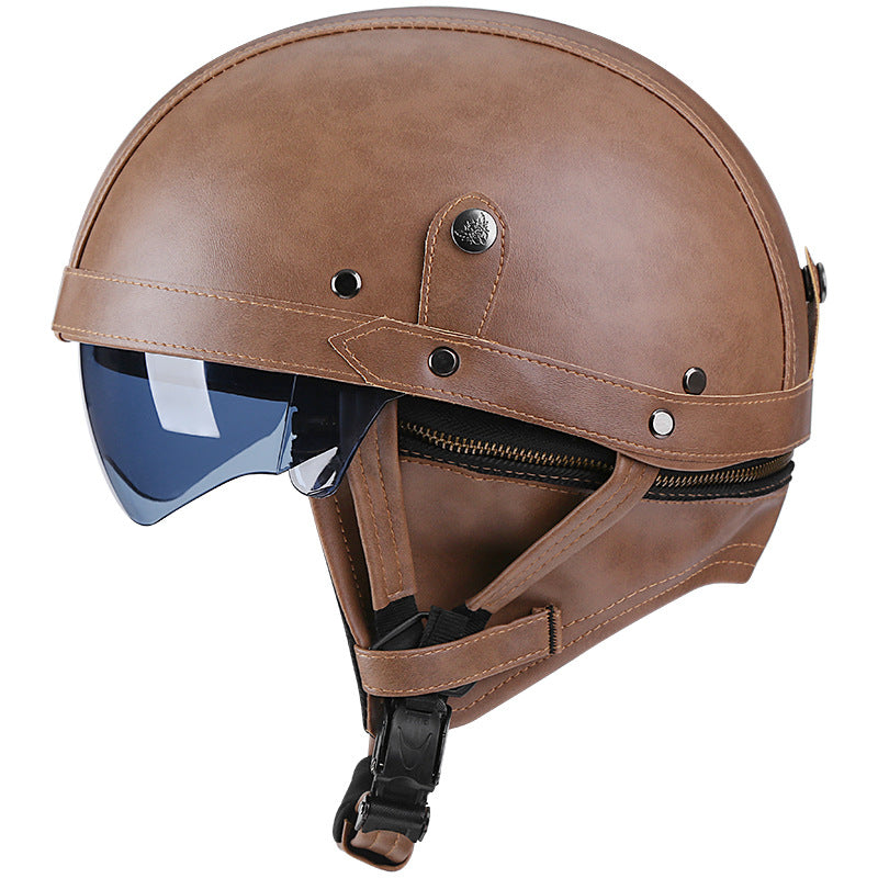 DOT Vintage Leather Motorcycle Helmet with Goggles- I06