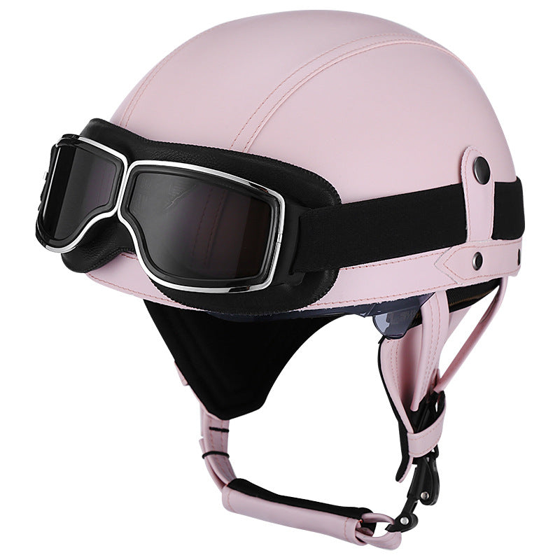 DOT Vintage Leather Motorcycle Helmet with Goggles- I06