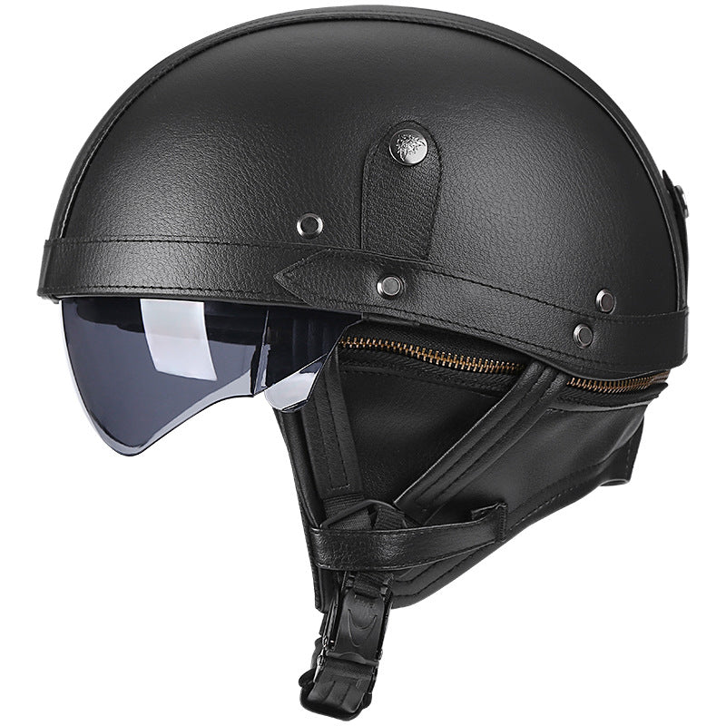 DOT Vintage Leather Motorcycle Helmet with Goggles- I06