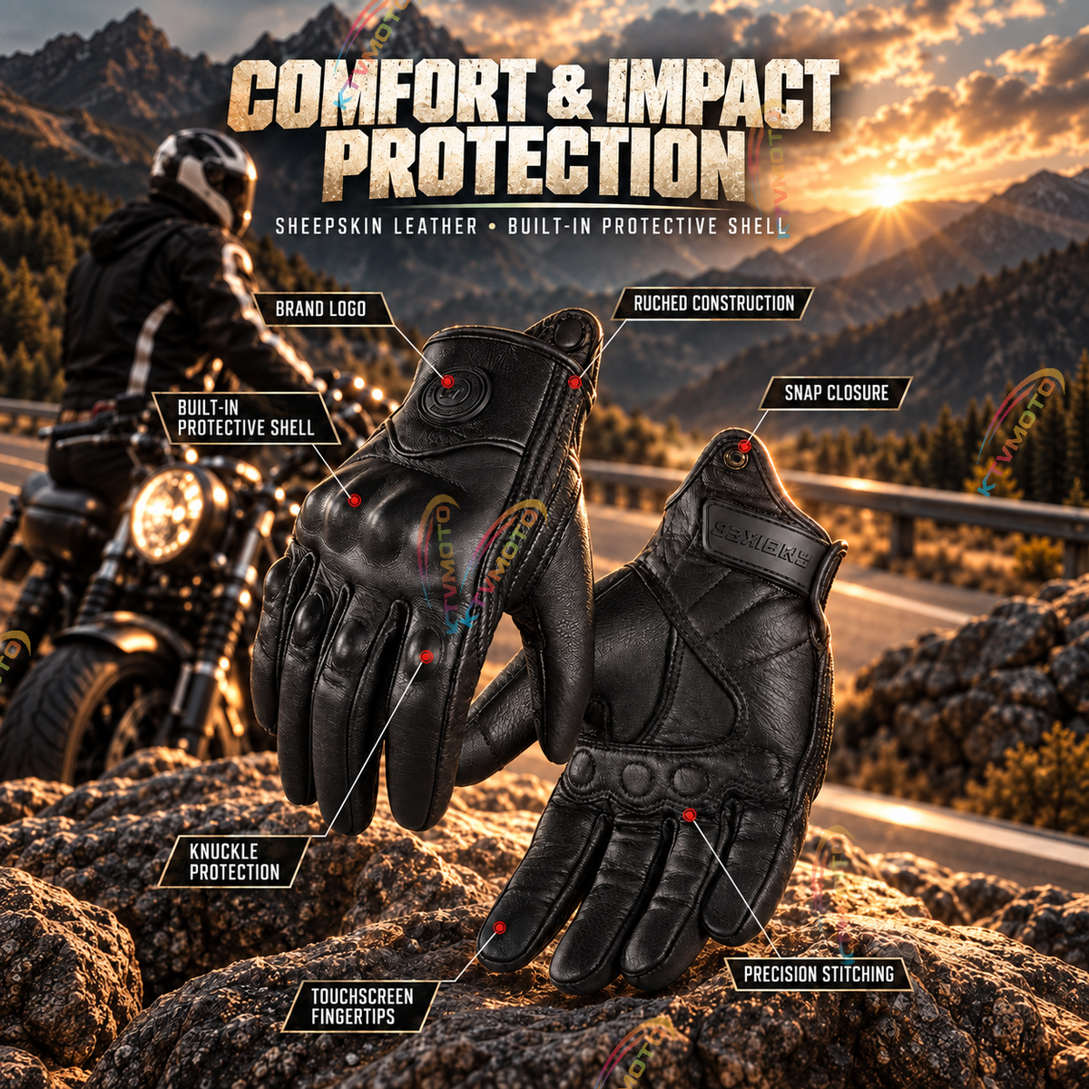 KTVMOTO Touchscreen Genuine Leather Motorcycle Riding Gloves - G105