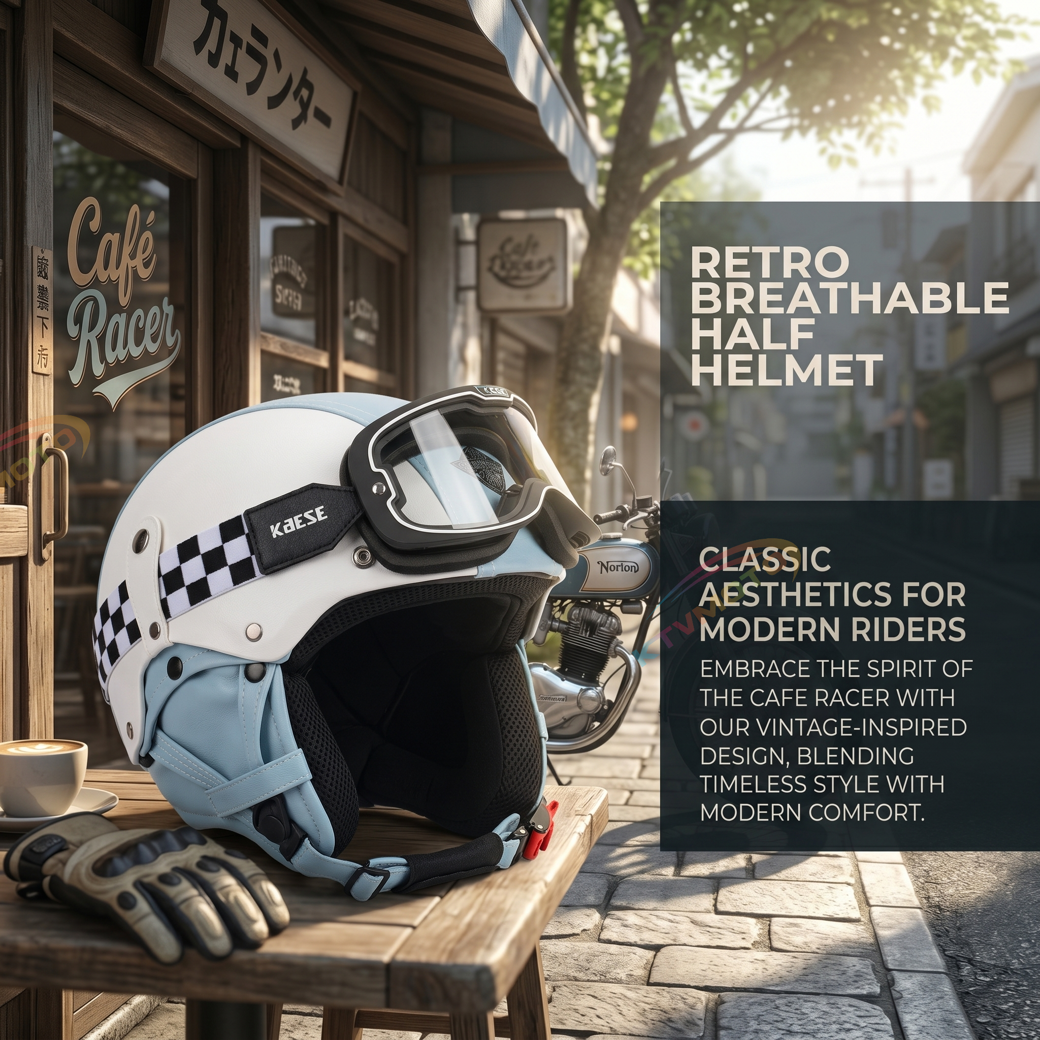 Retro open-face motorcycle helmet with goggles-I103