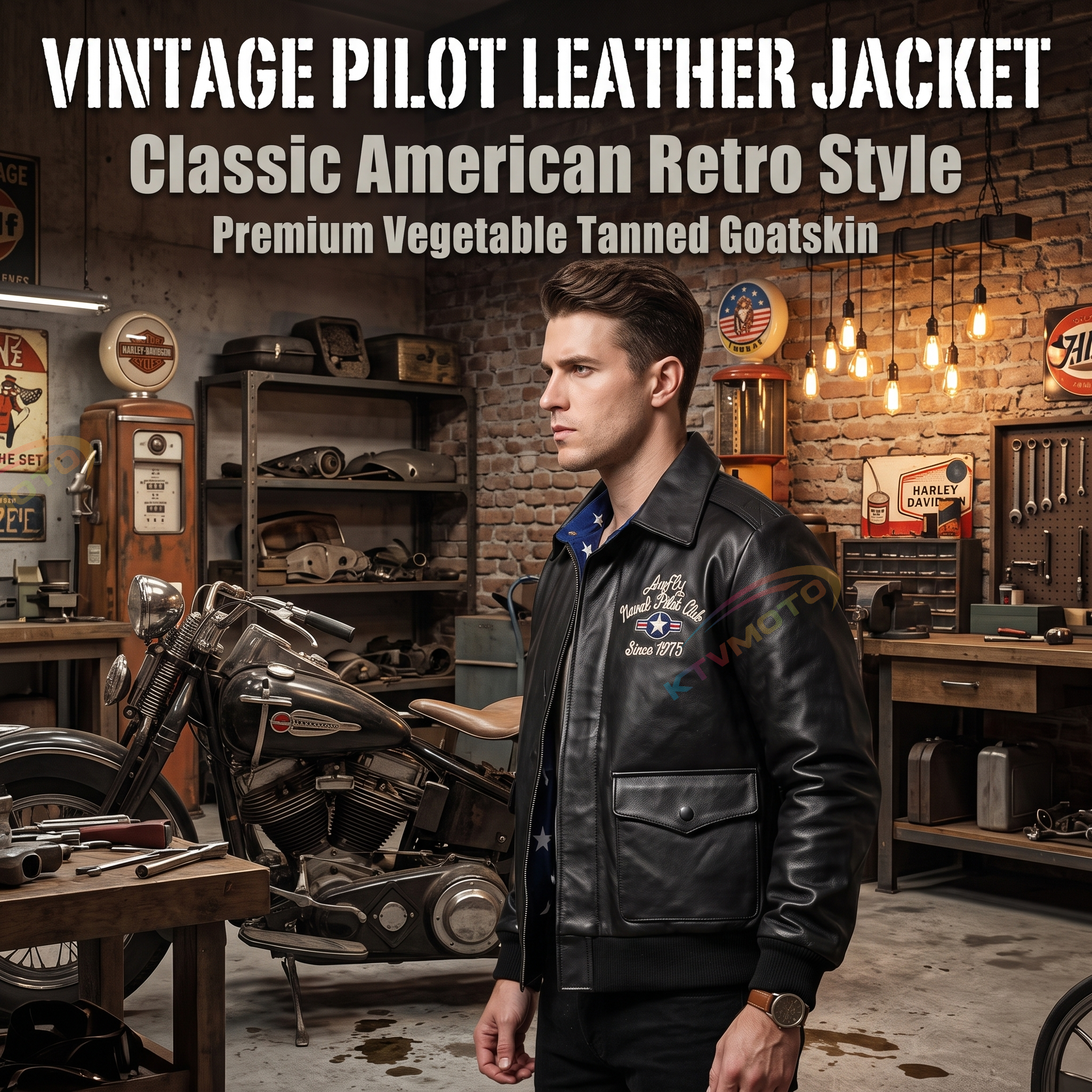 Pilot's leather jacket with embroidery-A12