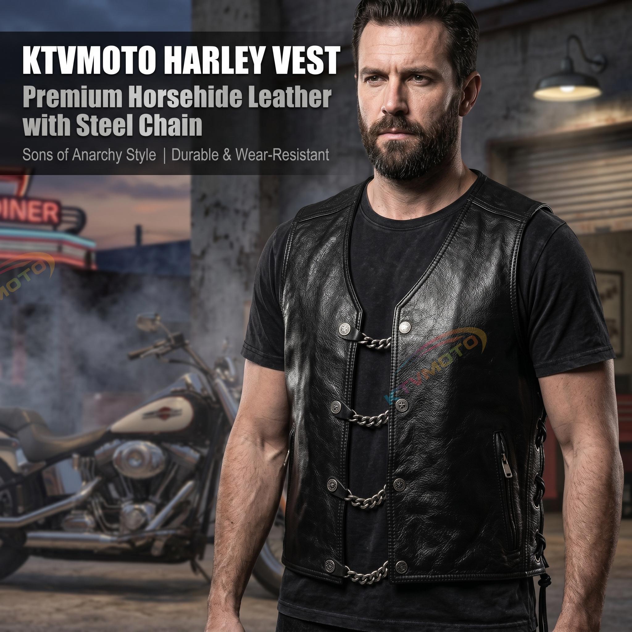 Harley vest steel chain genuine leather vest-A34