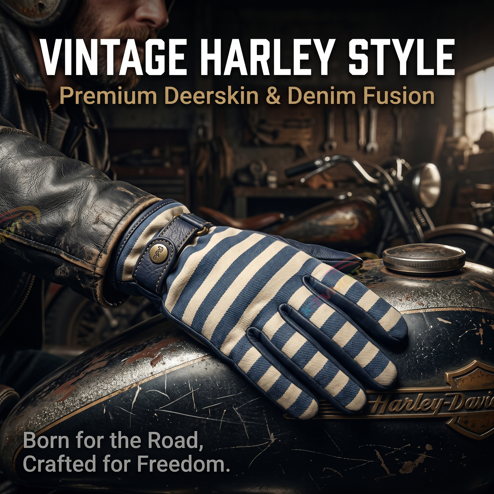Deerskin denim Harley motorcycle gloves-G74