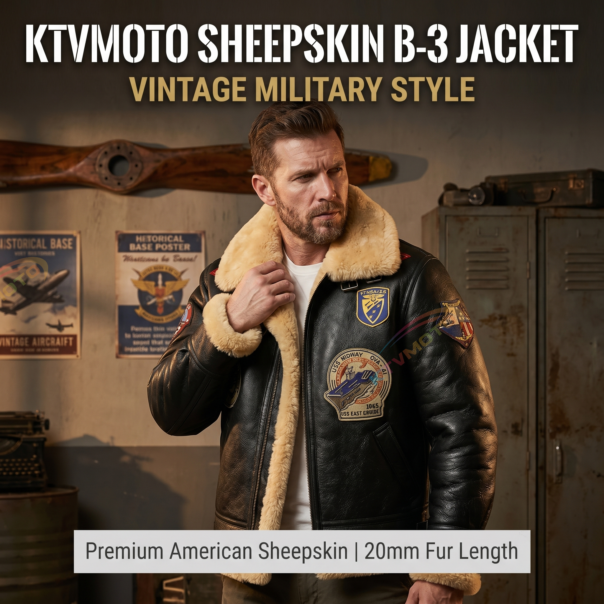 Genuine Sheepskin Bomber Jacket Military Fur-A04