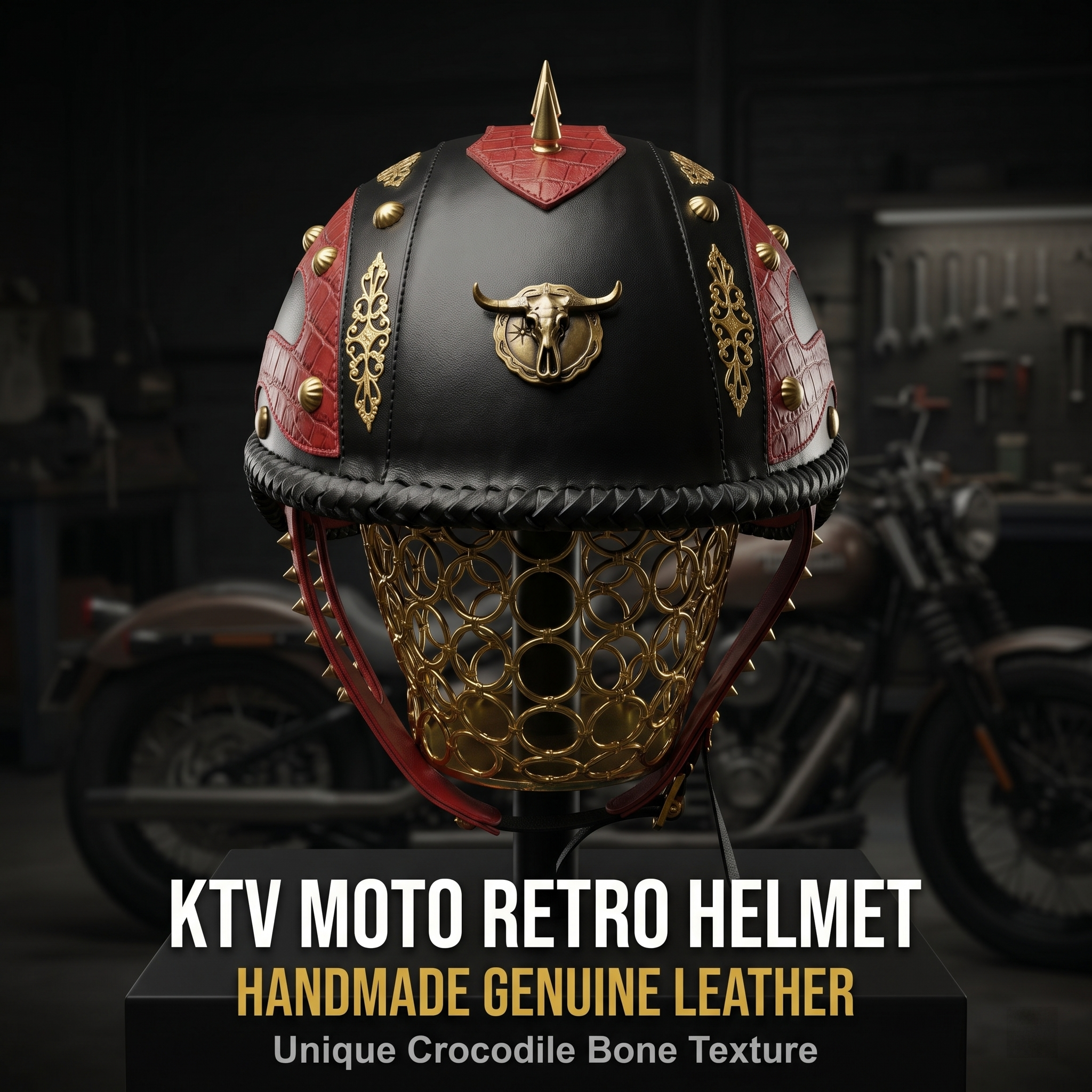 Retro Genuine Leather Alligator Bone Helmet-I130