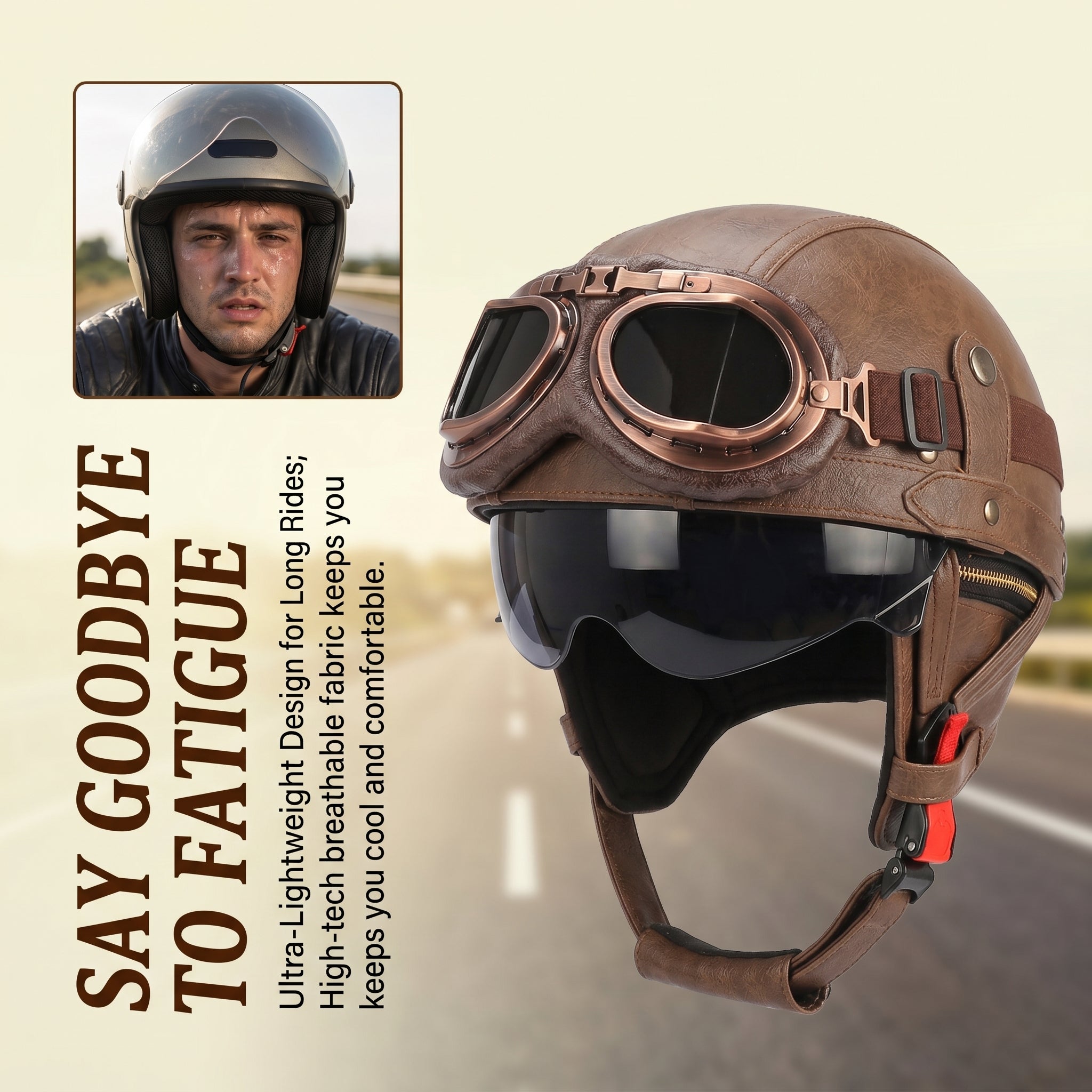 DOT Vintage Leather Motorcycle Helmet with Goggles- I06