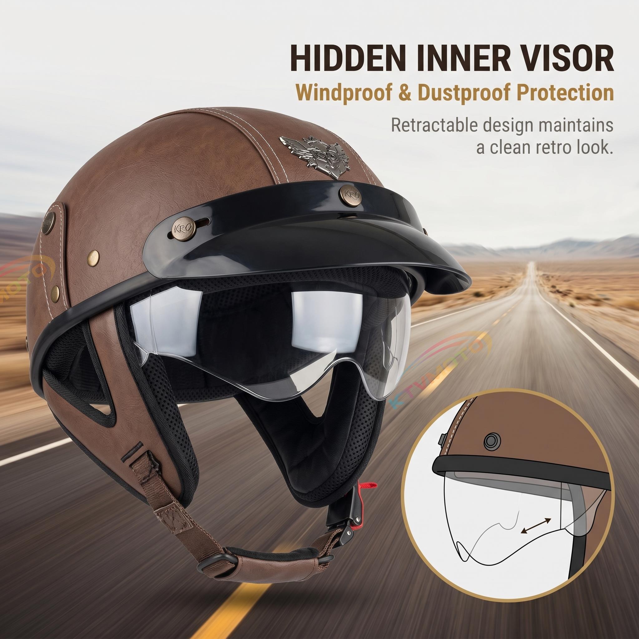Retro cruiser motorcycle helmet with concealed inner visor-I31