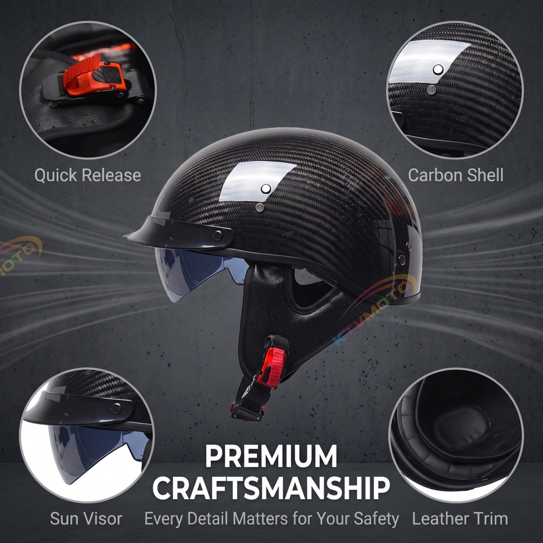 Half-helmet with retro carbon fiber texture and retractable sun visor-I136