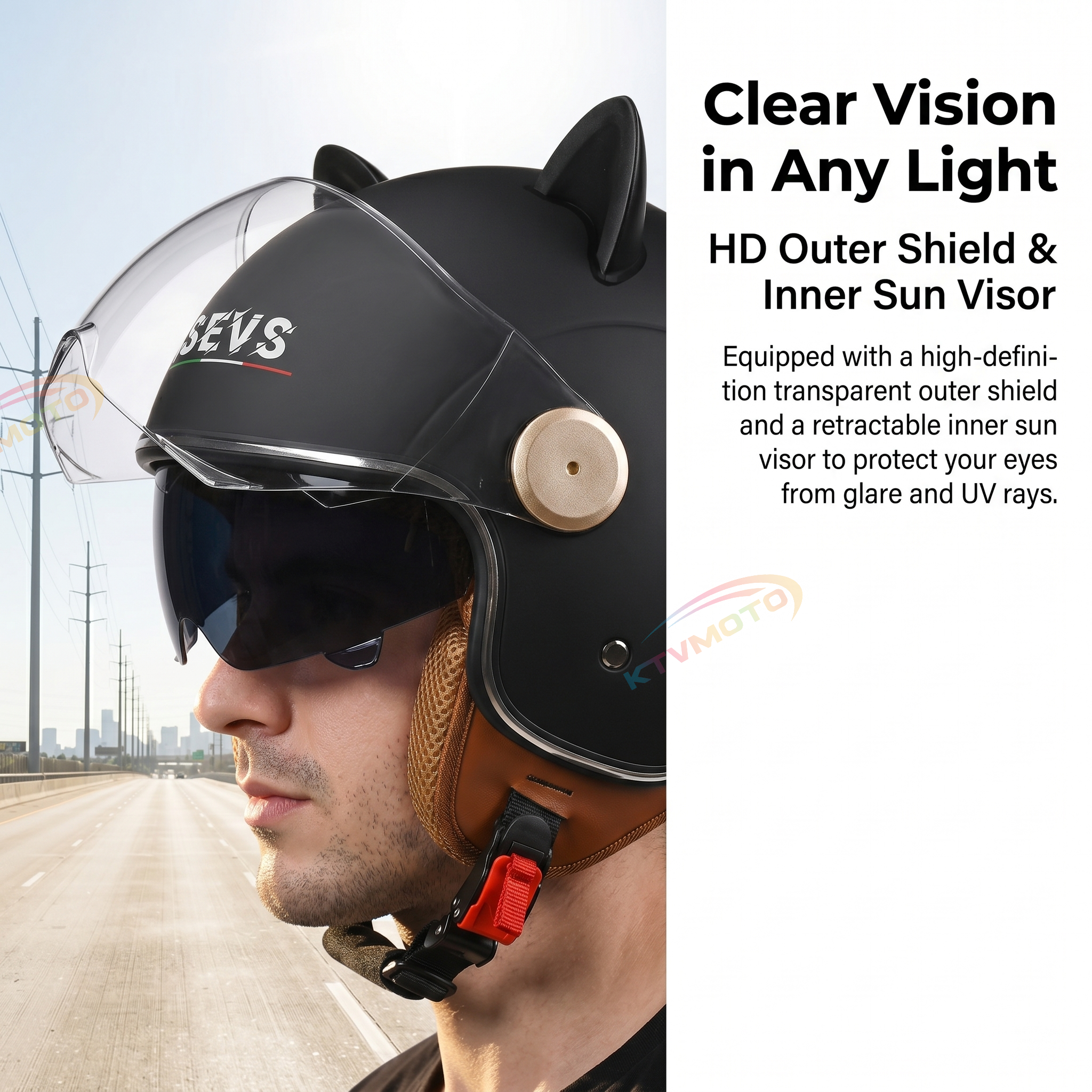 Cat-Ear Open-Face Motorcycle Helmet with Bluetooth Function-I67